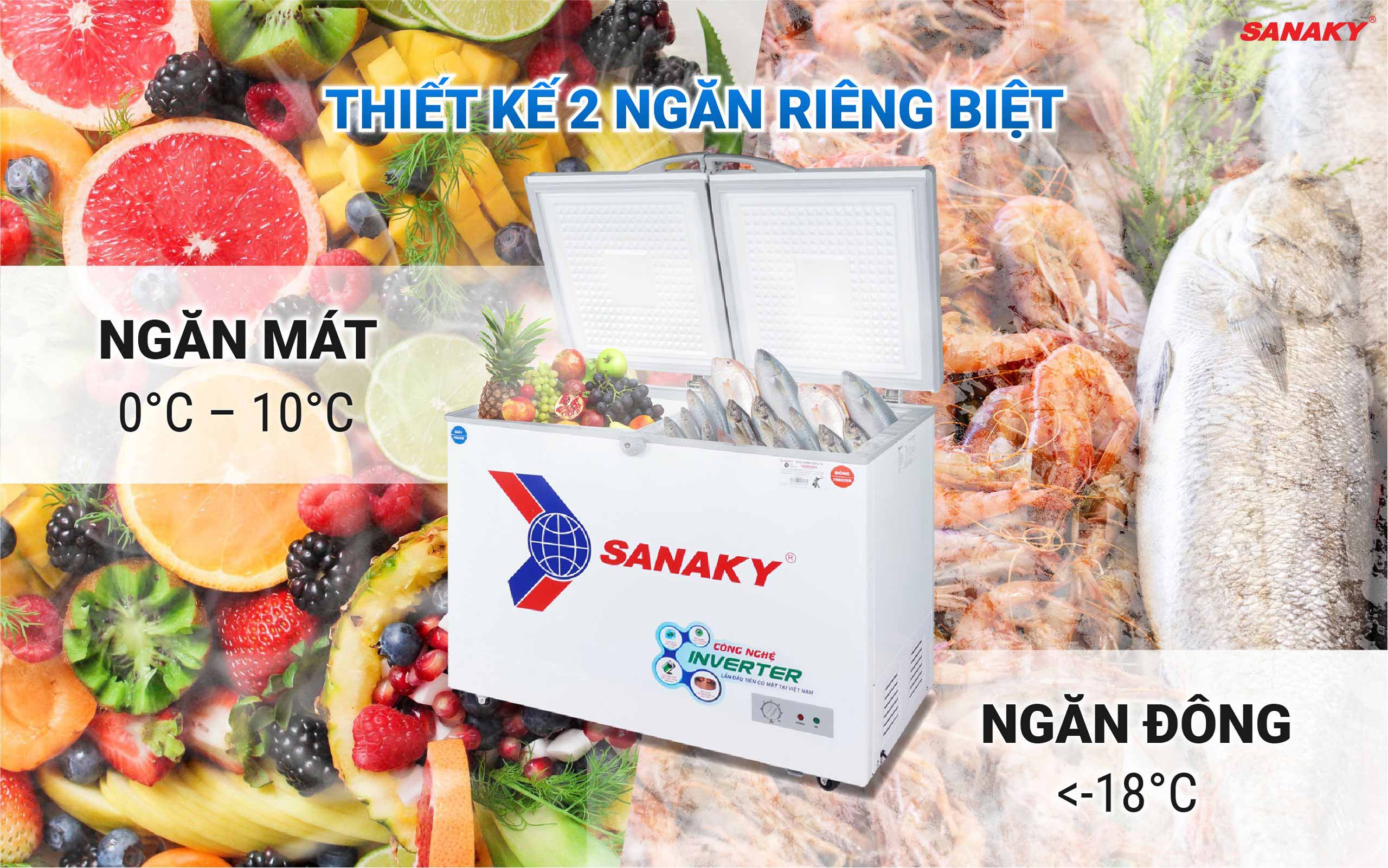 Tủ Đông Sanaky Inverter VH-4099W3 được thiết kế với 2 ngăn đông/mát